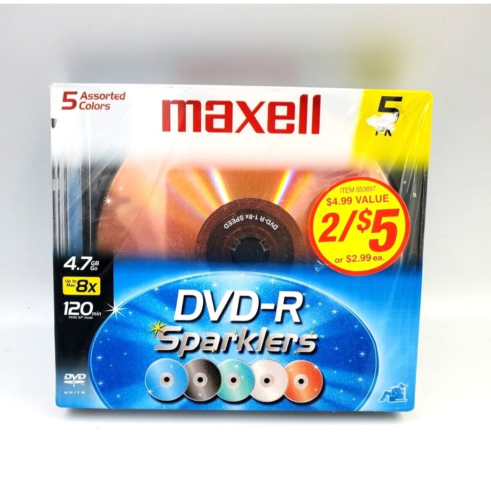Maxell DVD-R Sparklers 5 Pack Assorted Multi Colored 4.7GB Jewel Case New